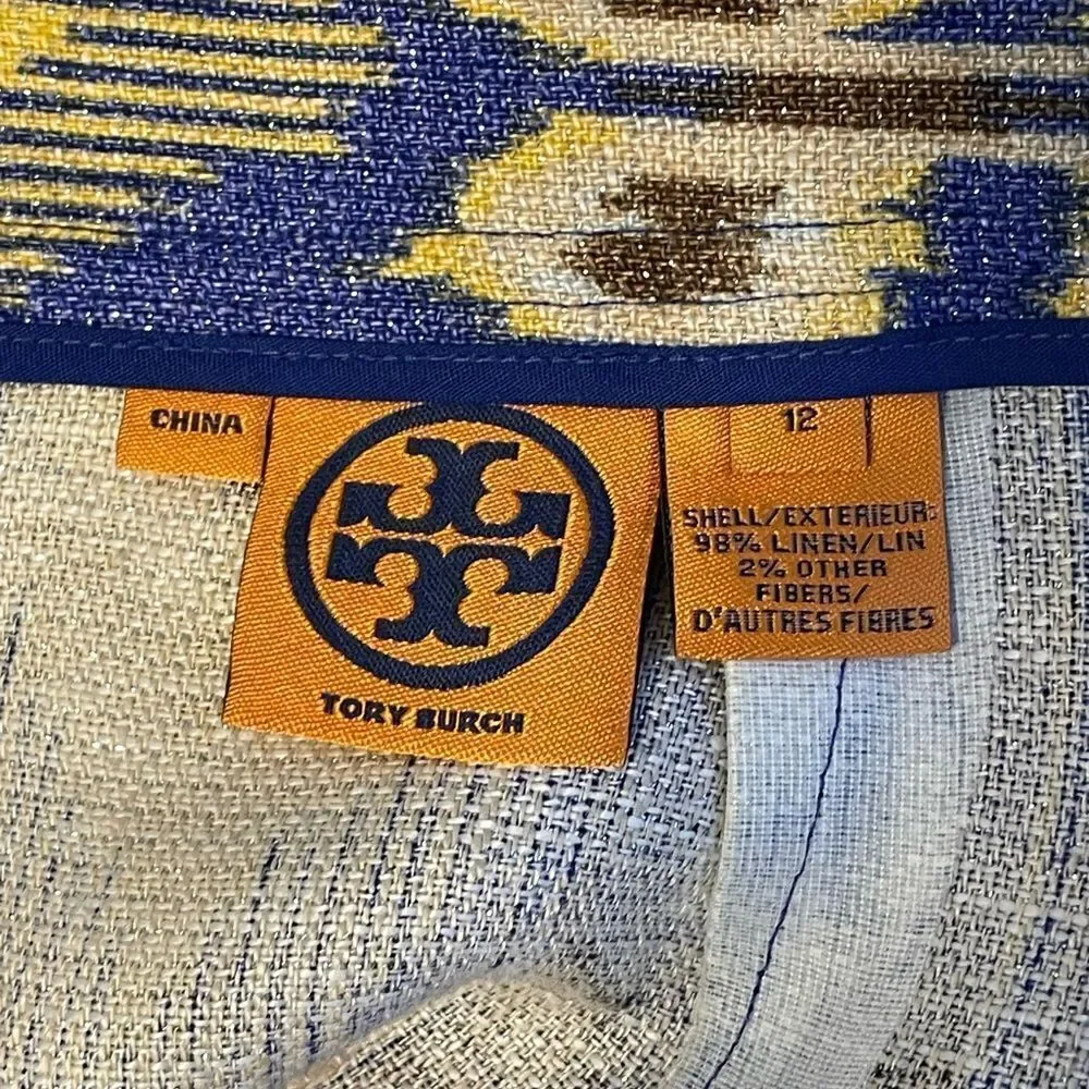 Tory Burch Blue Yellow Jemima Ikat Metallic Linen Pencil Skirt Size 12